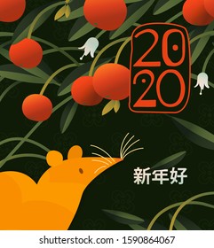 2020 design with rat and mandarine in paper art style.Chinese text:Happy New Year.Vector illustration