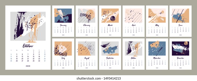 2020 сalendar design. Set of 12 months. 2020. Week starts on Sunday. Calendar design. Editable calender page template A4, A3 format. Vertical. Abstract artistic  vector illustration. Pastel.