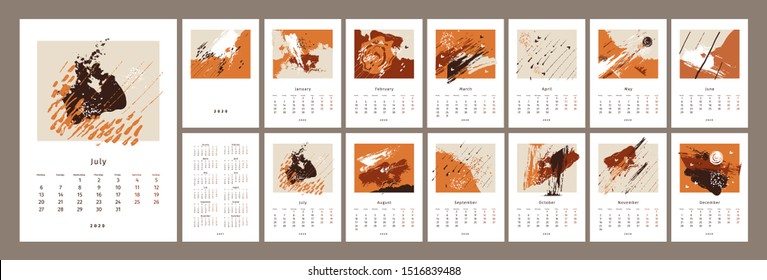 2020 сalendar design. Set of 12 months. 2020, 2021 year. Vertical calender. Week starts on Monday. Concept, vector editable calendar page template. Vector abstract artistic illustration.