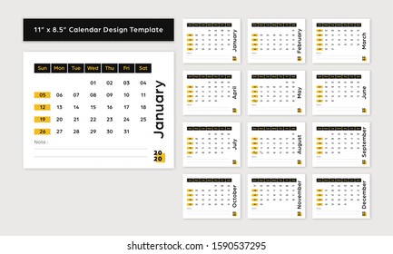  2020 desk calendar 11x8.5 inch horizontal size new year vector casual design template yellow black color