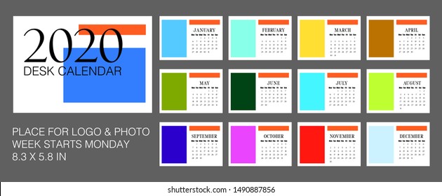 2020 Desk Calendar with cover and monthly pages. Calendar template with each month on separate page. Horizontal calendar for office or business. Stationery design with logo place and picture frame