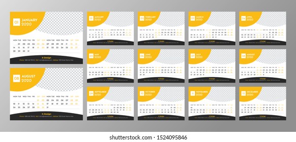 2020 Desk calendar. Horizontal calendar template. Editable vector file available.