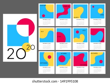 2020 Desk Calendar with monthly pages and abstract images. Vertical calendar with retro style picture frames. Calendar template with elegant type and instant photo frame. Trendy stationery design 