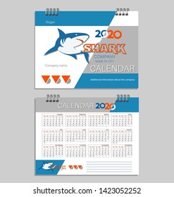 2020. Desk calendar template with a shark. Set of 12 months calendar. Planner. Week starts on Sunday. Stationery design. Advertisement. Business brochure.