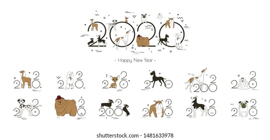 2020 dog calendar, Creative headline and 12 logos with different breeds of dogs. Minimal, Sketch style, Isolated on white background, Vector illustration