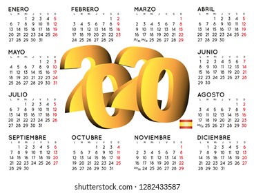 2020 elegant calendar in spanish. Year 2020 calendar. Calendar 2020. calendario 2020.