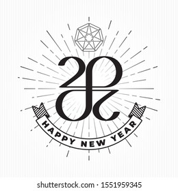 2020 Emblem Style Composition Numerals Logo with Zeroes Making Mobius Loop and Happy New Year Greetings Lettering over Rays Circle - Black on White Background - Vector Contrast Graphic Design