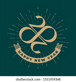 2020 Emblem Style Inverted Rhombus Shape Numerals Logo with Zeroes Making Mobius Loop and Happy New Year Greetings Lettering - Gold on Turquoise Background - Vector Contrast Graphic Design