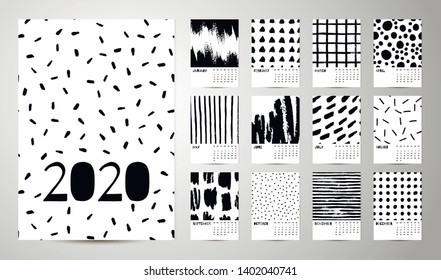 2020 English Calendar Abstract Vector Hand Draw. Set of 12 Months, Week starts Sunday. Monochrome minimalism style. Poster calendar flyer layout, printing media, brochure A3, A4, A5