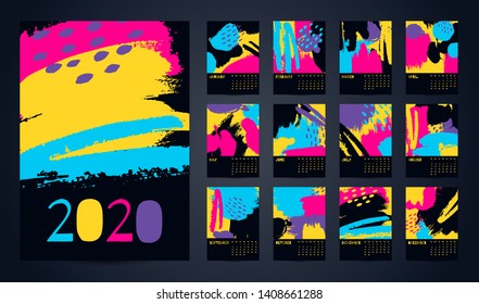 2020 English Calendar Abstract Vector Hand Draw. Set of 12 Months, Week starts Sunday. Multi-colored brush strokes on black background. Poster calendar flyer layout printing media, brochure A3, A4, A5