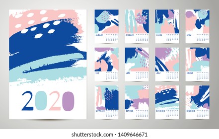 2020 English Calendar Abstract Vector Hand Draw. Set of 12 Months, Week starts Sunday. Monochrome minimalism style. Poster calendar flyer layout, printing media, brochure A3, A4, A5