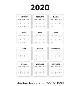 2020 English Calendar Vector Design