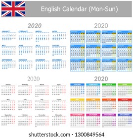 2020 English Mix Calendar Mon-Sun on white background