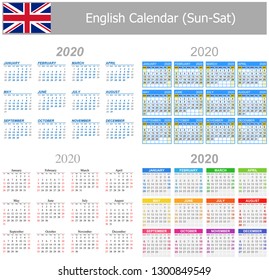 2020 English Mix Calendar Sun-Sat on white background