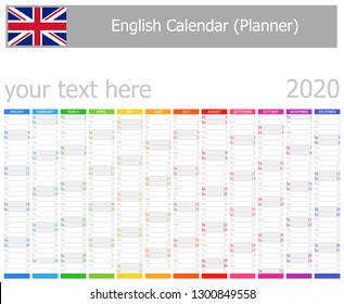 2020 English Planner Calendar With Vertical Months On White Background