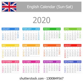 2020 English Type-1 Calendar Sun-Sat on white background