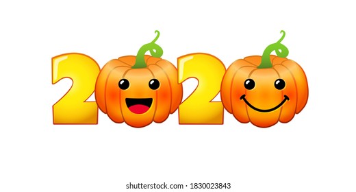 2020 Fall season sign. Holiday numbers. Creative congrats with pumpkins. Bright food characters, 3D orange and yellow faces. Decorative symbol. Isolated abstract graphic design template. Web chat set.