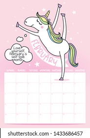 2020 february calendar with calligraphy phrase and unicorn doodle: Love yourself, february is self-love month. Desk calendar, planner design, week starts on sunday, stationery