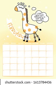 2020 february calendar with calligraphy phrase and Giraffe doodle: create your own sunshine. Desk calendar, planner design, week starts on sunday, stationery design.