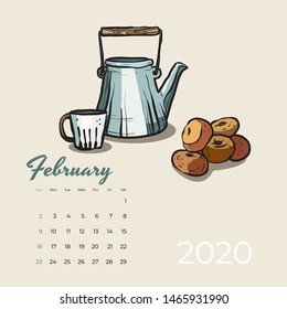 2020 February calendar food, tea art vector. Tea party sketched calendar. February page with blue teapot, cup, donuts hand drawn vector illustration for tea, coffee shop, restaurant 02, 2020 template