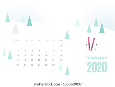 2020 February calendar template. Vector colorful design