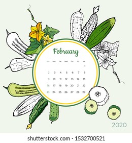 2020 February calendar vegetable. Green cucumber groceries art vector set. Desk, screen, colorful 2020 calendar template. Organic fresh food hand drawn line illustration. Sketched calendar day planner