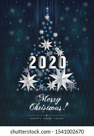 2020. Festive New Year card on a dark background. Christmas tree of white stars and snowflakes and the calligraphic inscription Merry Christmas! Vertical Greeting Illustration. Halftone background