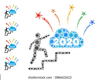 2020 fireworks cloud steps covid mosaic icon. 2020 fireworks cloud steps collage is designed with random covid pictograms. Bonus pictograms are added. Flat style.