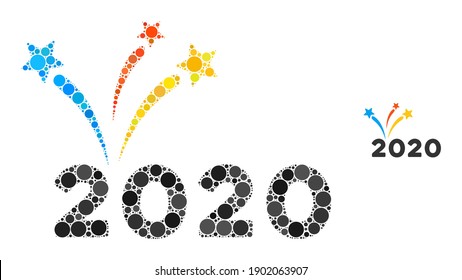 2020 fireworks collage of round dots in various sizes and shades. Vector round dots are composed into 2020 fireworks composition. 2020 fireworks isolated on a white background.
