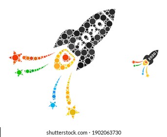 2020 fireworks rocket collage of dots in variable sizes and color tinges. Vector round dots are combined into 2020 fireworks rocket collage. 2020 fireworks rocket isolated on a white background.