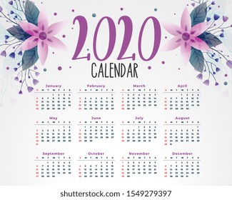 2020 flower calendar design template