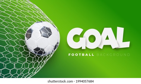 2020 Football goal background. Vector soccer banner with ball in net and place for text, sport game and football championship cut. Illustration stock concept of goal in green.