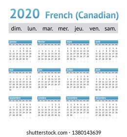 2020 French American Calendar (Canadian). Weeks start on Sunday