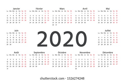 2020 French Calendar Vector Week Starts Stock Vector (Royalty Free ...