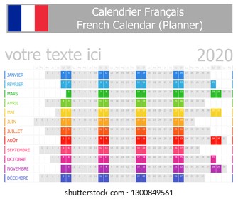 2020 French Planner Calendar with Horizontal Months on white background