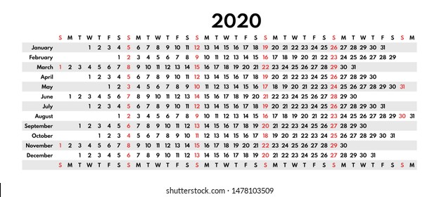 2020 full year calendar, monthly rows, sunday first, vector template for print