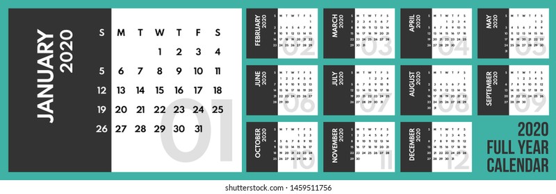 2020 full year monthly dark gray calendar, starts sunday