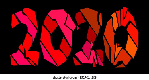 2020 - funny cartoon inscription. Red, pink, orange colors. Broken letters from pieces like a mosaic. For new year banners, posters and prints on clothing (T-shirts).