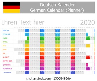 2020 German Planner Calendar with Horizontal Months on white background