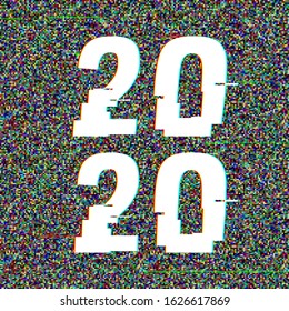 2020 glitch text in a frame. New Year concept. Anaglyph 3D effect. Technological retro background. Vector illustration. Creative web template. Flyer, poster layout. Computer program, TV channel screen