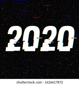 2020 glitch text in a frame. New Year concept. Anaglyph 3D effect. Technological retro background. Vector illustration. Creative web template. Flyer, poster layout. Computer program, TV channel screen