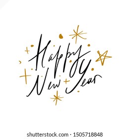 2020 Glossy Shine Christmas Lettering Concept Design Happy New Year, Xmas holidays Hand Chill Party Modern Abstract Shapes Written Lettering Decor Elements Golden Stars Isolated On White Background