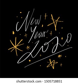 2020 Glossy Shine Christmas Lettering Concept Design Happy New Year, Xmas holidays Hand Chill Party Modern Abstract Shapes Written Lettering Decor Elements Golden Stars Isolated On Dark Background