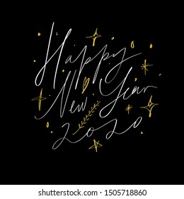 2020 Glossy Shine Christmas Lettering Concept Design Happy New Year, Xmas holidays Hand Chill Party Modern Abstract Shapes Written Lettering Decor Elements Golden Stars Isolated On Dark Background