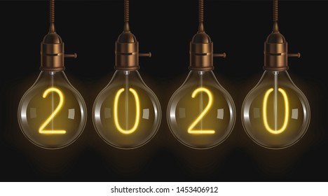 2020 glowing numbers inside of filament bulbs. Retro edison lamps, incandescent vintage lightbulbs hanging from above on dark background, creative new year design idea Realistic 3d vector illustration