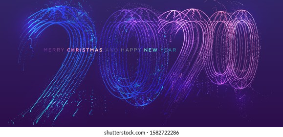 2020 glowing particles liquid dynamic flow number for New Year and Christmas holiday poster or placard. Trendy fluid cover design. Eps10 vector illustration