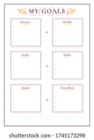 2020 goal spread minimalist planner page design. Manage finance. Study goals. Write tasks in memo boxes. Life categories bullet journal printable sheet. Personal organizer. Notebook vector template