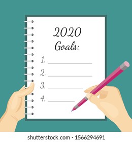 2020 Goals. Hands Hold Notebook And Pen And Writing Resolutions For The New Year. Vector Illustration In Cartoon Simple Flat Style.