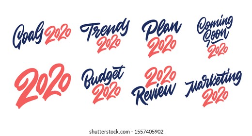 2020 goals, marketing, budget, plan, trends, coming soon. Set of hand drawn badges. Vector lettering illustration on white background.
