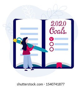 2020 Goals, plans, actions on notebook. Woman with pen writes motivation and inspiration for New Year.  